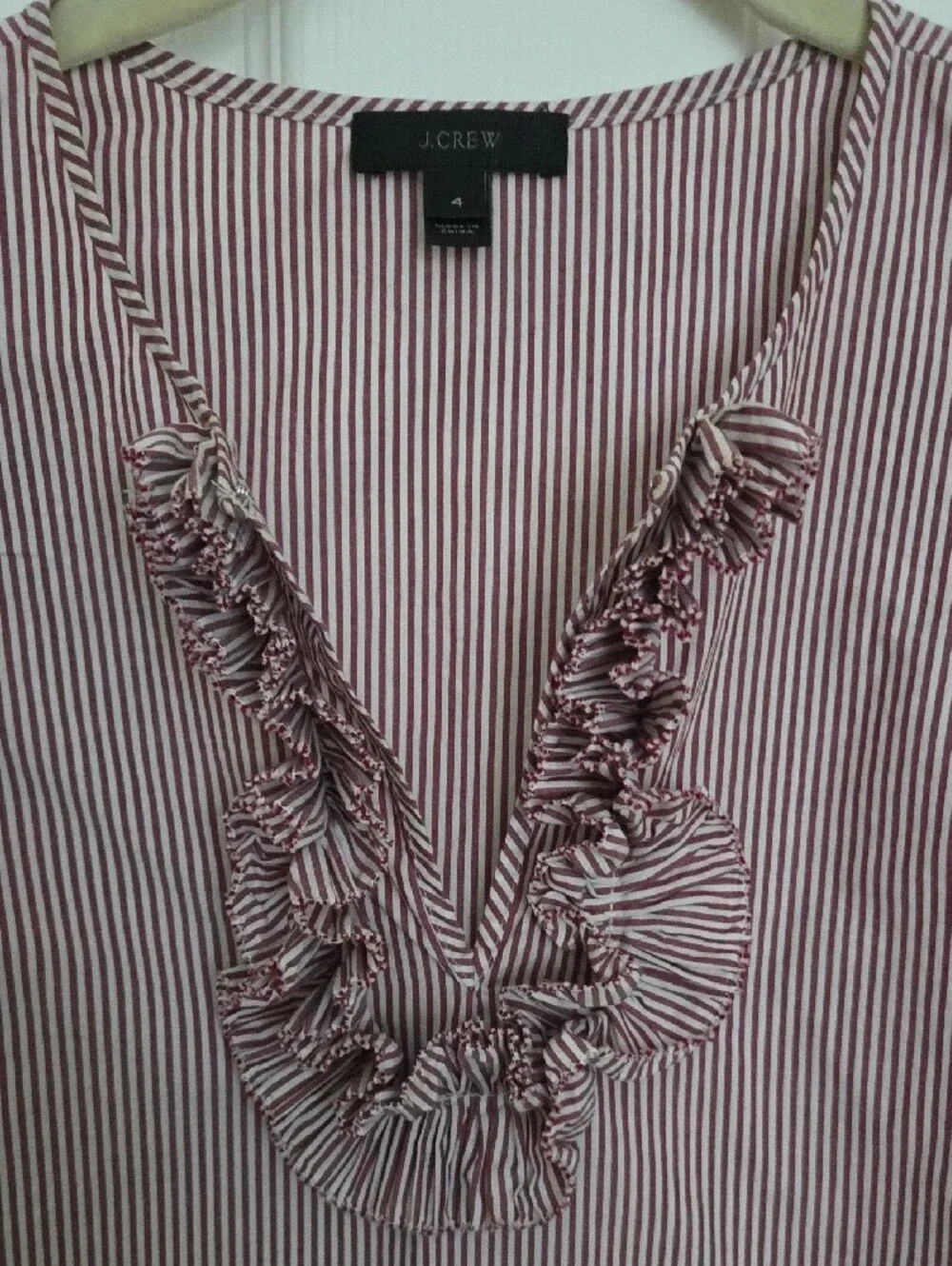 J. Crew Sleeveless Ruffled V-Neck Stripe Camisole - Maroon & White. Size 4.